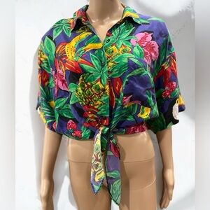 Vintage ‘80’s Tie front cropped shirt bold tropical pattern silk Large